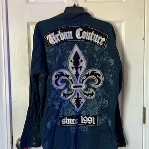 Navy flannel with beautiful patchwork. Urban Couture since 1991.